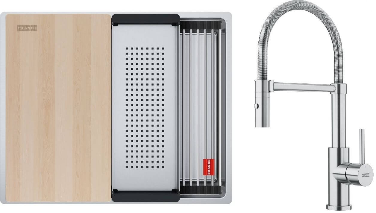 Conjunto fregadero de acero Franke Box 127.0749.858, grifo de cocina Franke Smart Glenda 115.0747.475