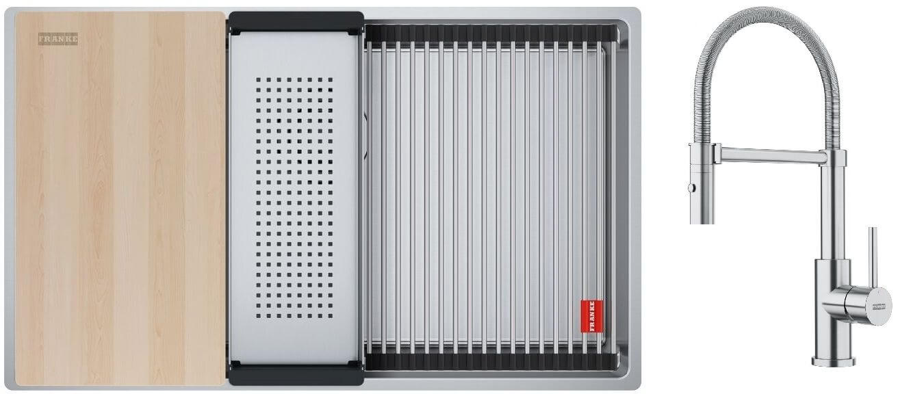Conjunto fregadero de acero Franke Box 127.0749.859, grifo de cocina Franke Smart Glenda 115.0747.475