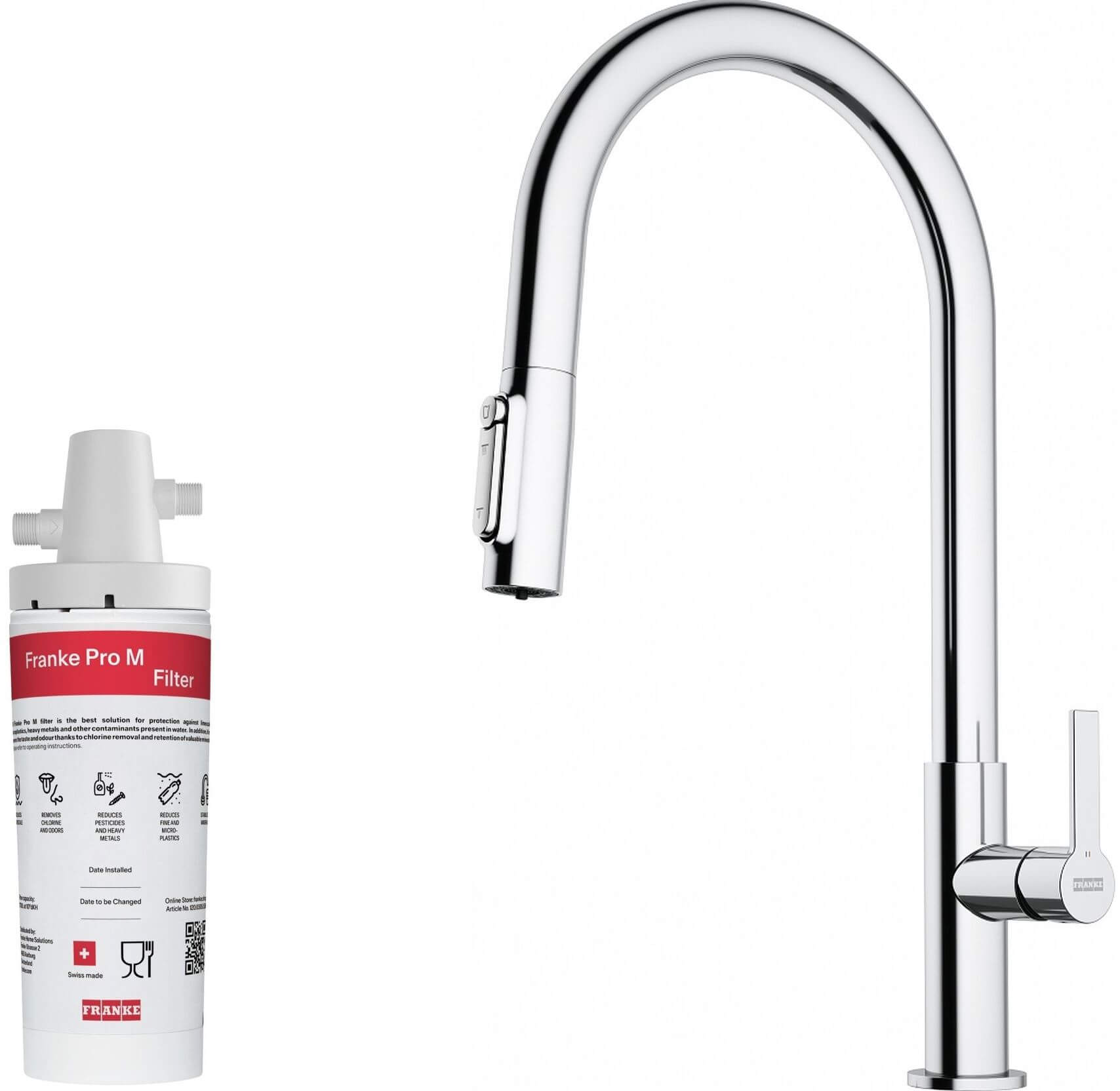 Conjunto grifo de cocina Franke Maris Slim Clear Water J Pull-Out 120.0730.870, filtro para fregadero Franke Pro M Connect 150.0752.886
