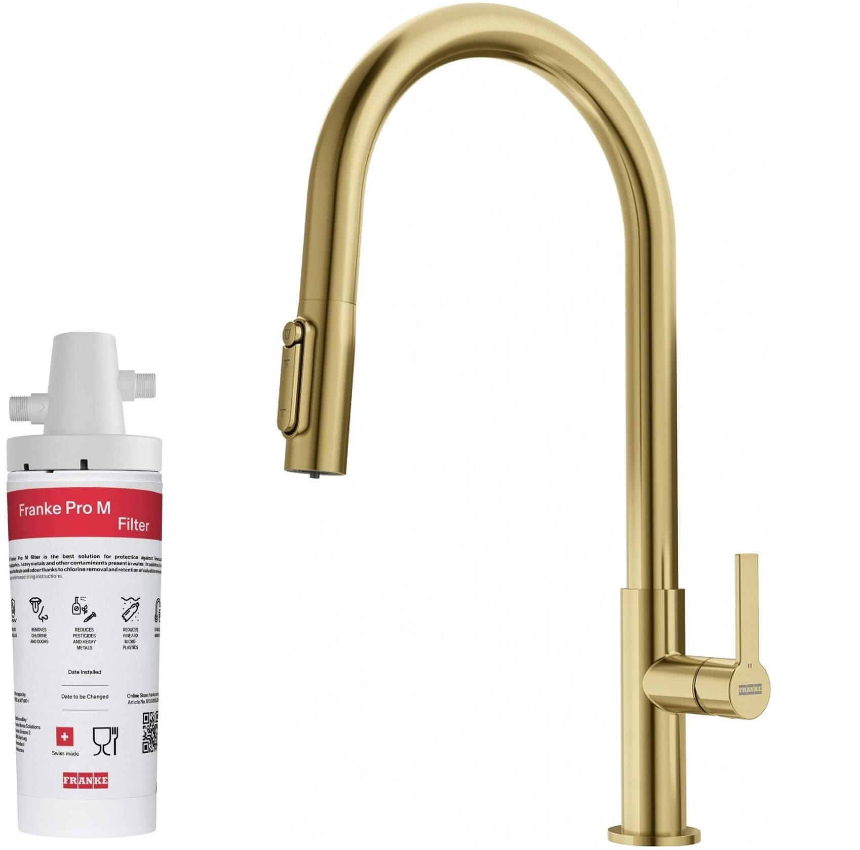 Conjunto grifo de cocina Franke Maris Slim Clear Water J Pull-Out 120.0736.601, filtro para fregadero Franke Pro M Connect 150.0752.886