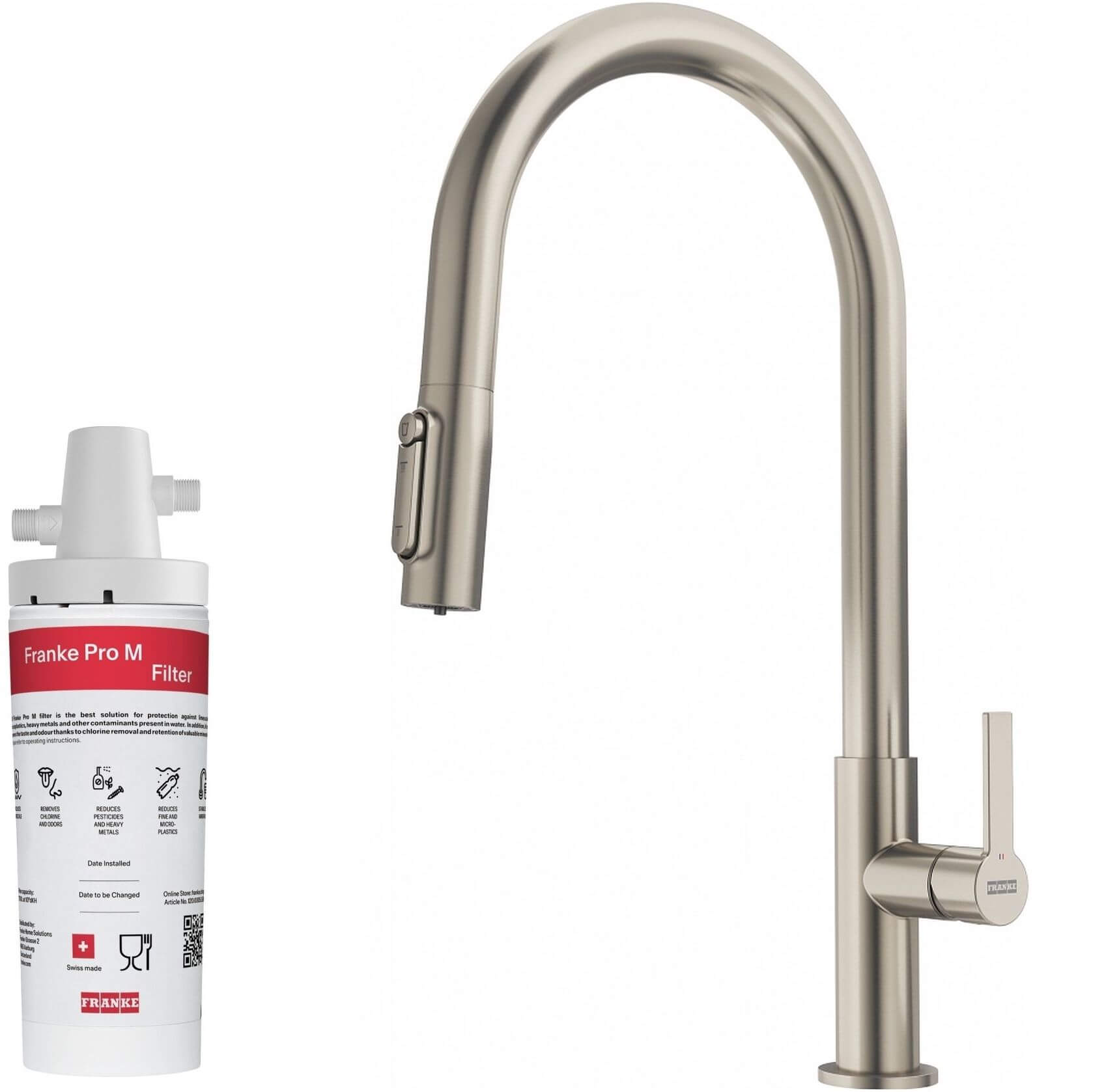 Conjunto grifo de cocina Franke Maris Slim Clear Water J Pull-Out 120.0736.604, filtro para fregadero Franke Pro M Connect 150.0752.886