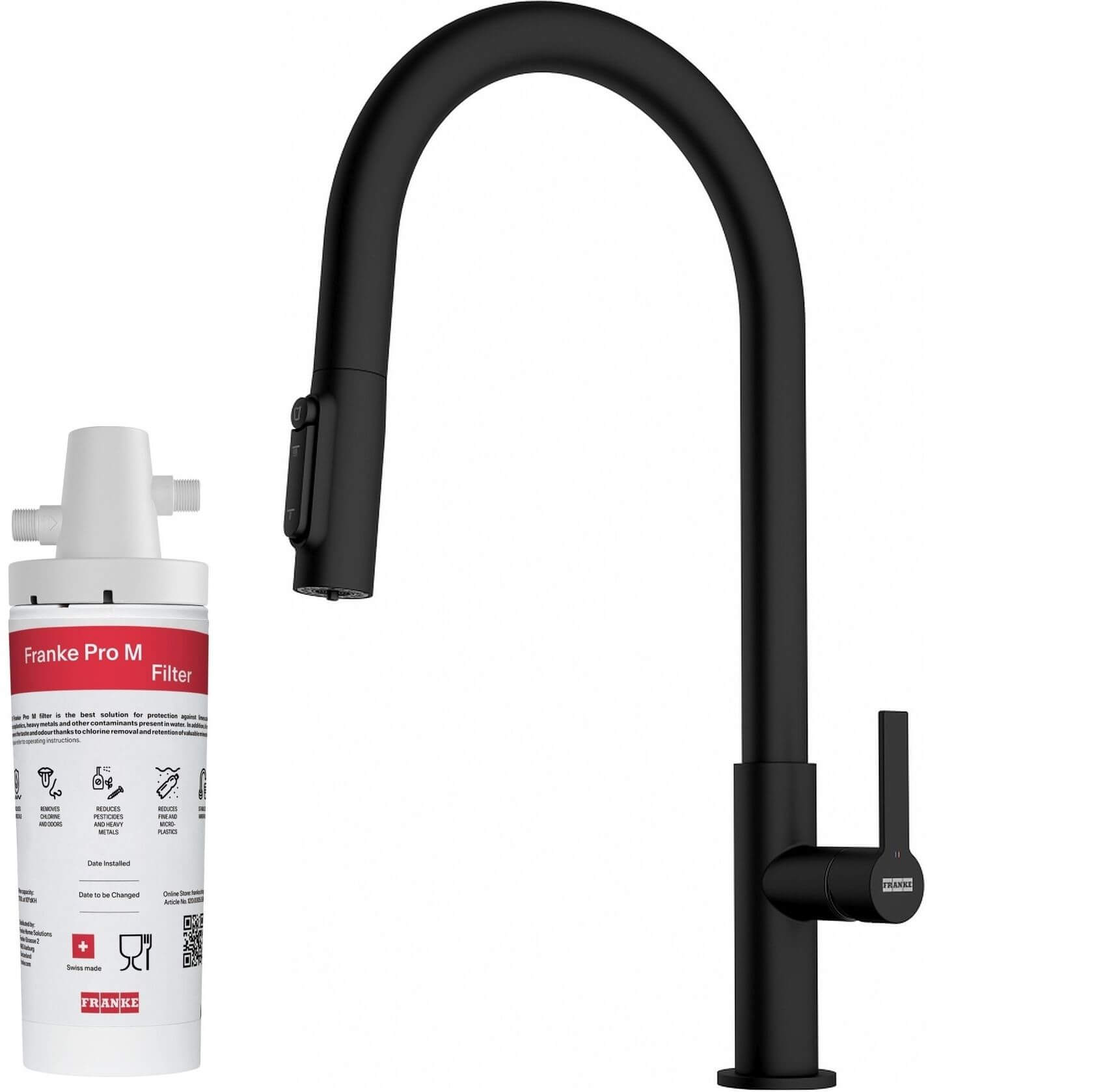 Conjunto grifo de cocina Franke Maris Slim Clear Water J Pull-Out 120.0730.911, filtro para fregadero Franke Pro M Connect 150.0752.886