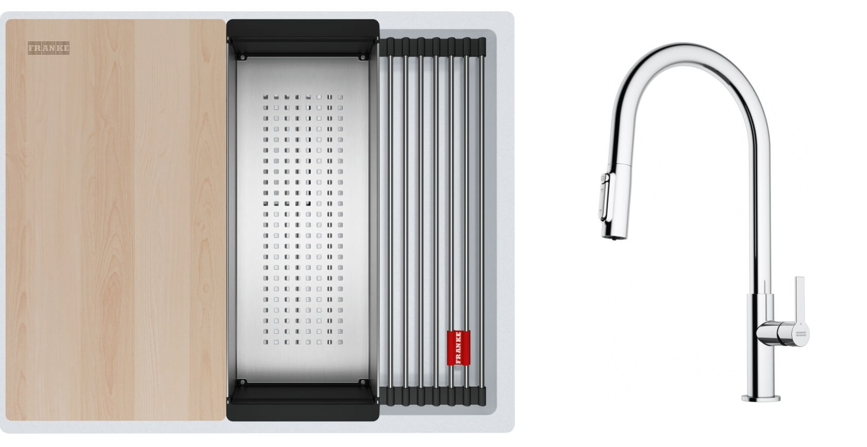 Conjunto fregadero de granito Franke Kanon 125.0749.655, grifo de cocina Franke Maris Slim Clear Water J Pull-Out 120.0730.870