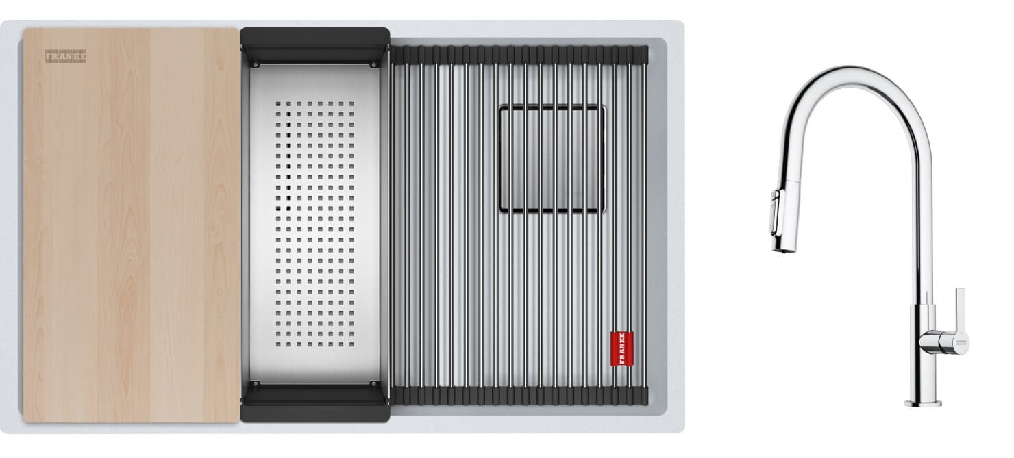 Conjunto fregadero de granito Franke Kanon 125.0749.675, grifo de cocina Franke Maris Slim Clear Water J Pull-Out 120.0730.870