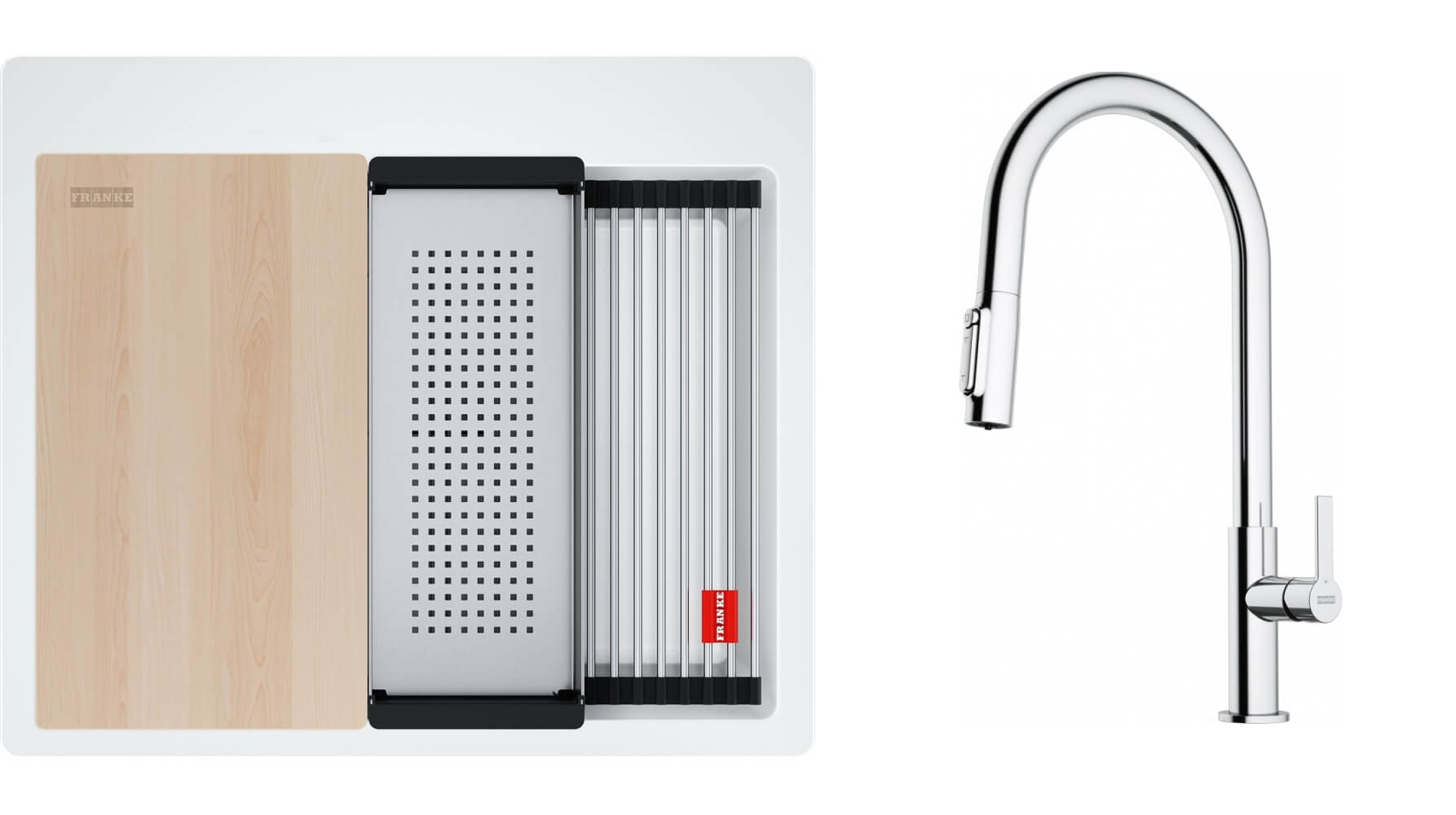 Conjunto fregadero de granito Franke Kanon 114.0749.555, grifo de cocina Franke Maris Slim Clear Water J Pull-Out 120.0730.870