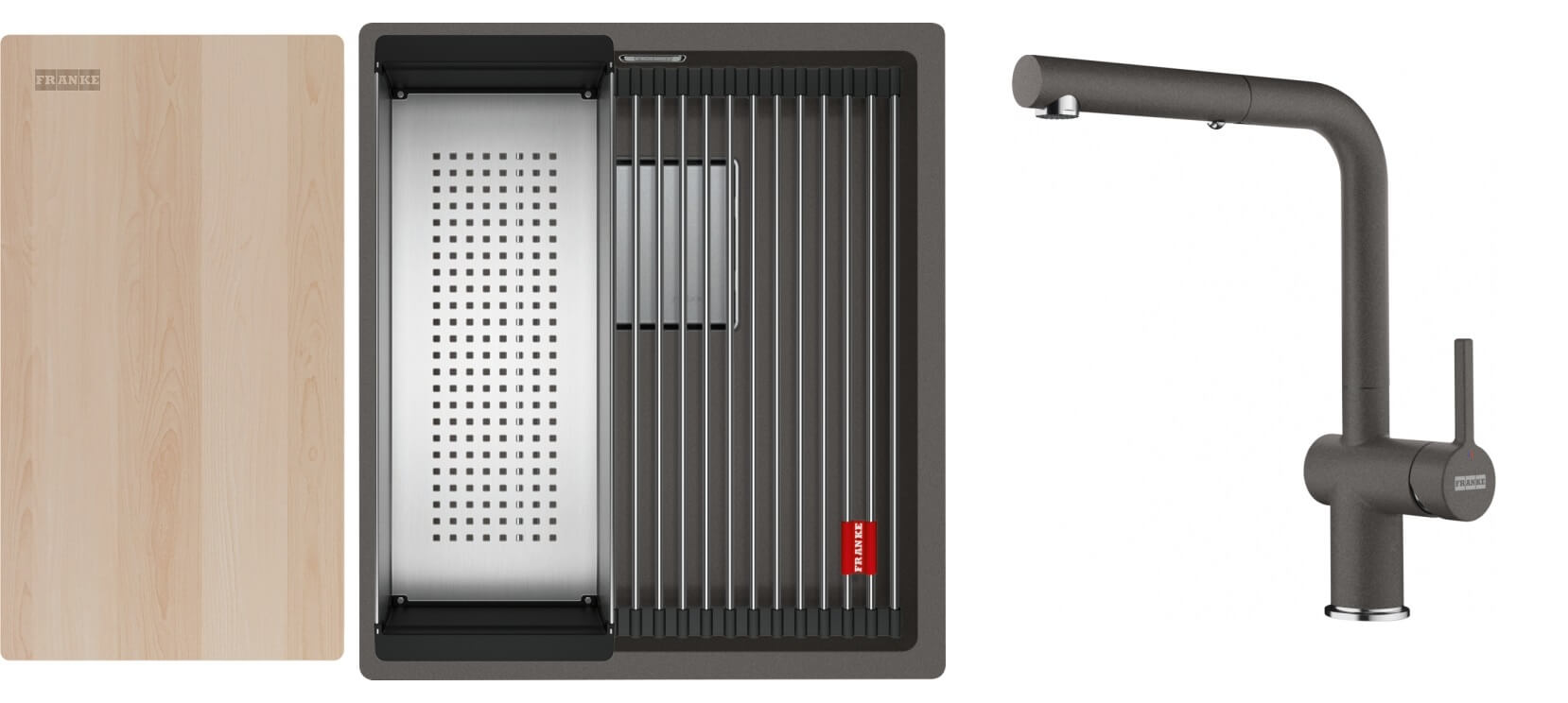 Conjunto fregadero de granito Franke Kanon 125.0749.649, grifo de cocina Franke Active L Pull-Out Spray 115.0721.464