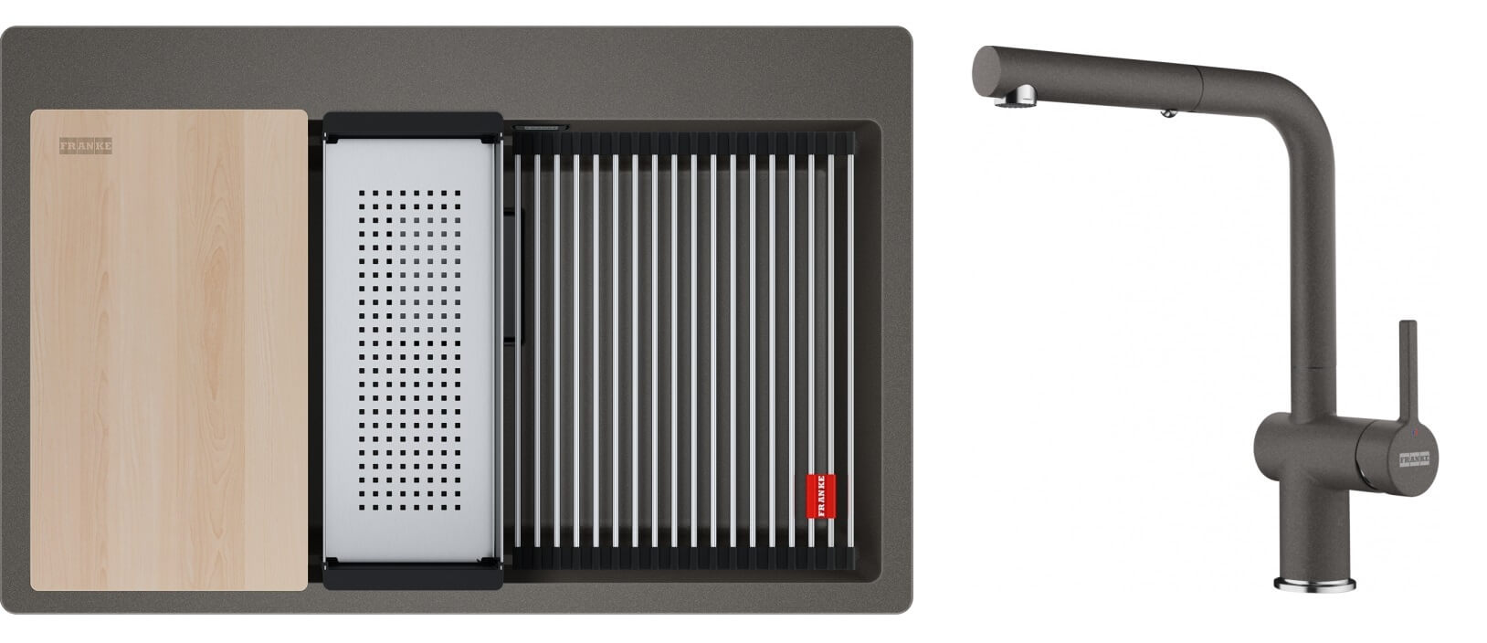 Conjunto fregadero de granito Franke Kanon 114.0749.643, grifo de cocina Franke Active L Pull-Out Spray 115.0721.464