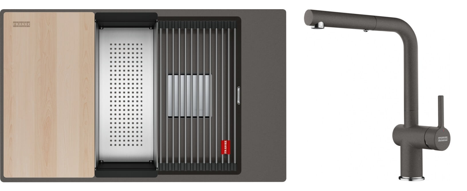 Conjunto fregadero de granito Franke Kanon 125.0749.669, grifo de cocina Franke Active L Pull-Out Spray 115.0721.464