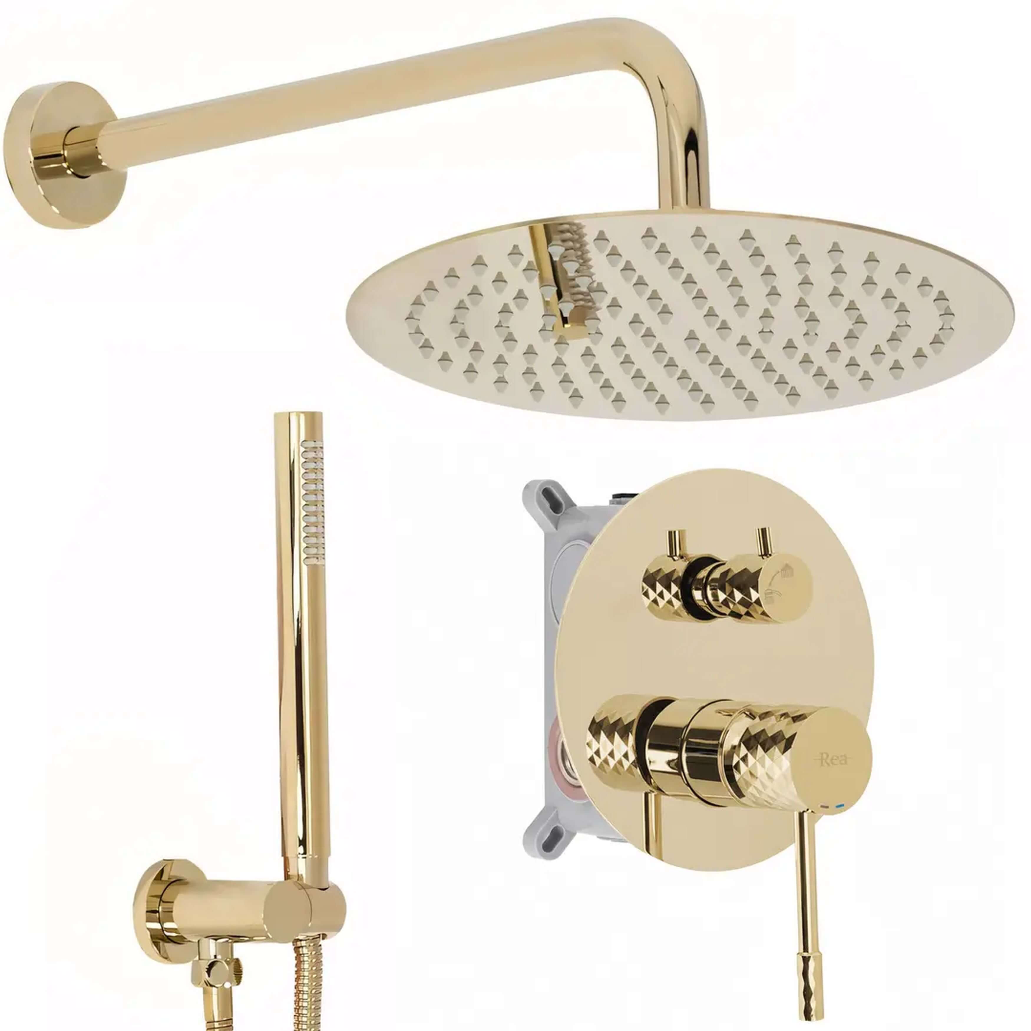 Rea Lungo conjunto de ducha empotrado con rociador con efecto lluvia oro REA-P6964
