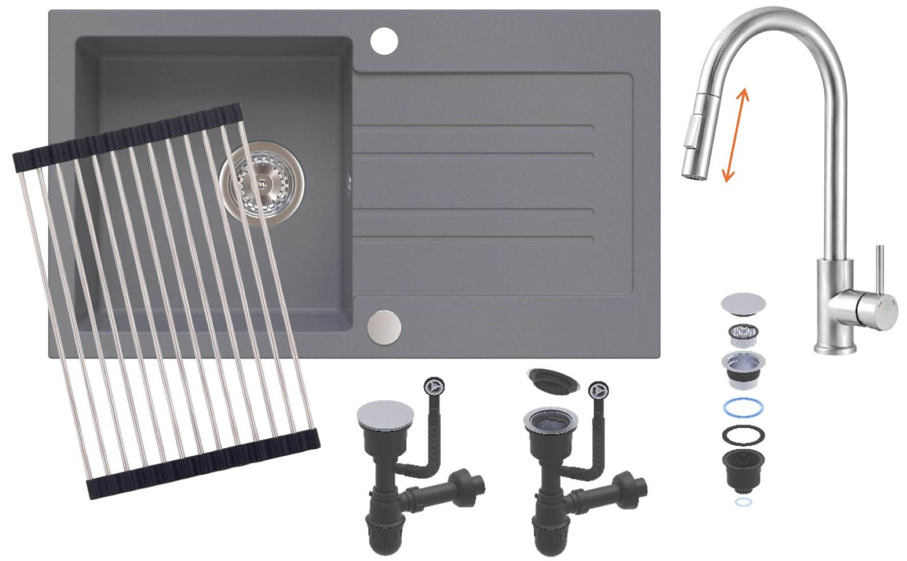 Ruvetti Idelo fregadero con grifo y accesorios gris/acero KG_IDELO160_GR_KORR-BS