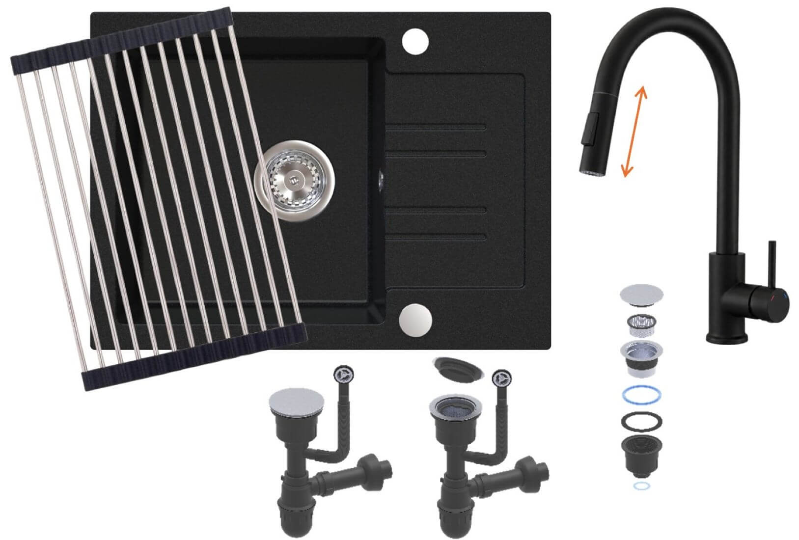 Ruvetti Idelo fregadero con grifo y accesorios negro/negro KG_IDELO120_BC_KORR-FB