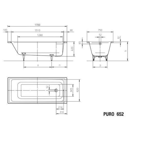Conjunto bañera rectangular Kaldewei Puro 256200010001, sifón con rebosadero Kaldewei Bis 687676500000