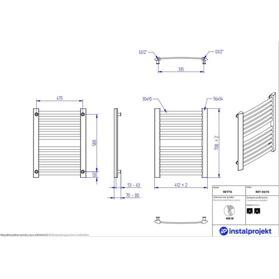 Conjunto radiador de baño Instal Projekt Retto RET-50/70C31, kit termostato Instal Projekt Z17 606400001C31