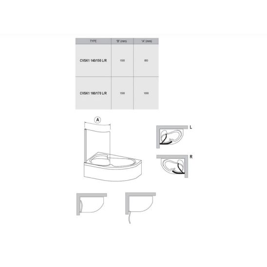 Conjunto bañera de esquina Ravak Rosa 95 C571000000, mampara de bañera Ravak Rosa 7QLS0100Y1, 495121, GPX2240140