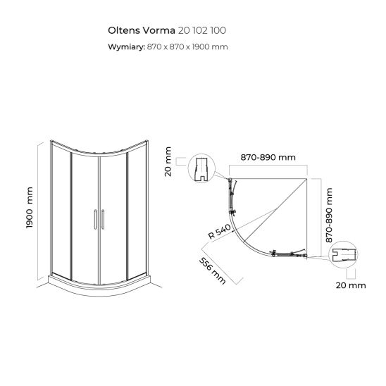 Conjunto cabina de ducha Oltens Vorma 20102100, plato de ducha semicircular Oltens Superior 16002000