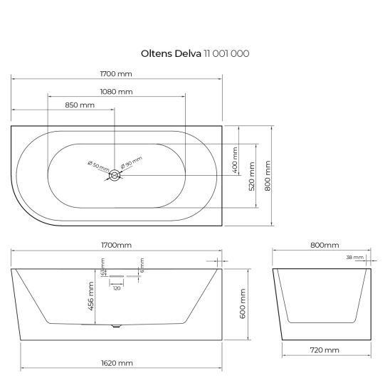 Conjunto bañera de esquina Oltens Delva 11001000, embellecedor de tapón Oltens 09002800
