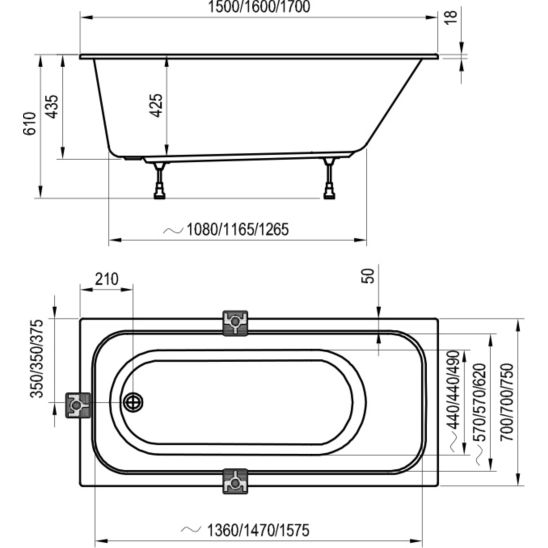 Conjunto bañera rectangular Slim Ravak Chrome Slim C721300000, sifón para bañera Ravak X01377, GPX2240015