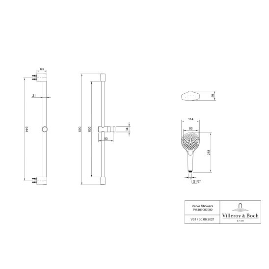 Conjunto grifo de bañera y ducha Villeroy & Boch Universal Taps & Fittings TVD000653000K5, ducha con efecto lluvia Villeroy & Boch Universal Showers TVC000001000K5, TVS109007000K5, TVD00065100000, TVC000453510K5, TVC000456000K5