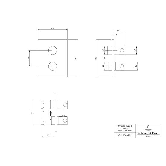 Conjunto grifo de bañera y ducha Villeroy & Boch Universal Taps & Fittings TVD00065300061, ducha con efecto lluvia Villeroy & Boch Universal Showers TVC00000300061, TVD00065100000, TVS10900600061, TVC00045800061, TVC00045351061, TVC00045600061, TVC0000350