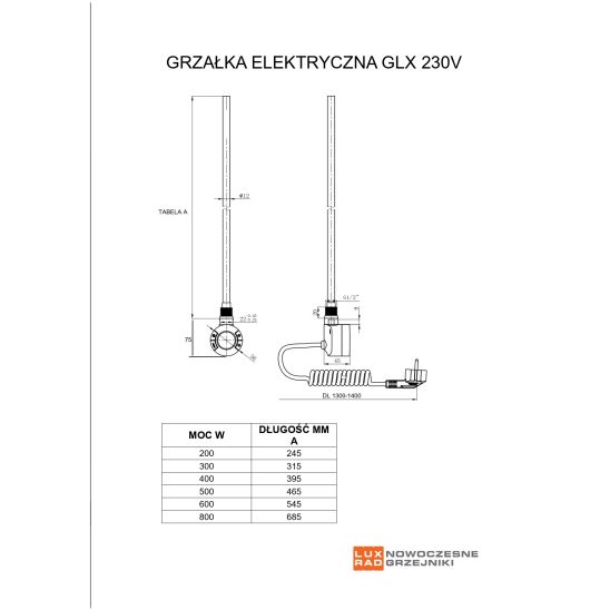Conjunto radiador eléctrico Luxrad Nobile Elektro NOB870500S040ERG, varilla calefactora Luxrad GLX GLX300CZ