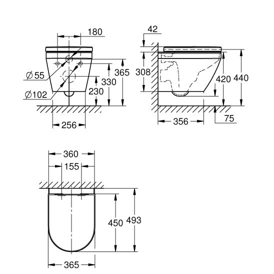 Conjunto taza de inodoro con asiento de cierre suave Grohe Euro Ceramic 102509SH00, marco empotrado Grohe Solido 38971000