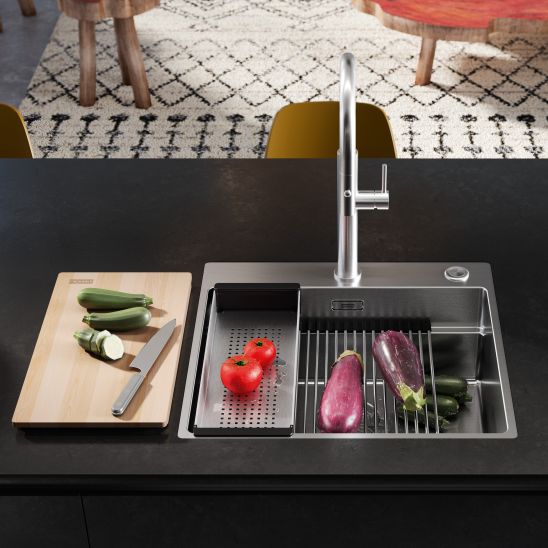 Conjunto fregadero de acero Franke Box 127.0749.856, grifo de cocina Franke Eos 115.0590.045