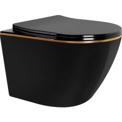 Rea Carlo Mini taza de inodoro con asiento de cierre suave suspendido sin reborde negro-dorado brillante REA-C8800