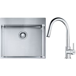 Conjunto fregadero de acero Franke Box 127.0369.295, grifo de cocina Franke Lina 115.0693.229