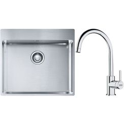 Conjunto fregadero de acero Franke Box 127.0369.295, grifo de cocina Franke Lina 115.0693.228