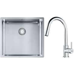 Conjunto fregadero de acero Franke Box 127.0453.655, grifo de cocina Franke Lina 115.0693.229