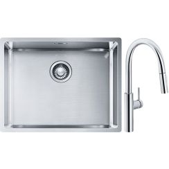 Conjunto fregadero de acero Franke Box 127.0453.660, grifo de cocina Franke Pescara L Slide-In 115.0538.940
