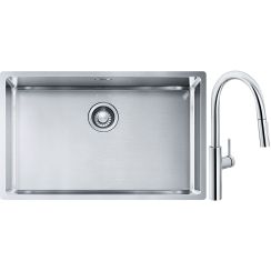 Conjunto fregadero de acero Franke Box 127.0453.658, grifo de cocina Franke Pescara L Slide-In 115.0538.940