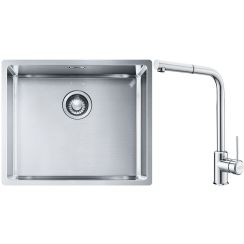 Conjunto fregadero de acero Franke Box 127.0453.656, grifo de cocina Franke Sirius Side 115.0668.280