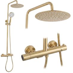 Rea Drop conjunto de ducha a pared con termostato con rociador con efecto lluvia oro REA-P9662