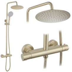 Rea Lungo conjunto de ducha a pared con termostato con rociador con efecto lluvia oro REA-P6730