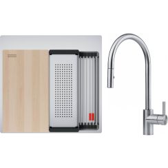 Conjunto fregadero de acero Franke Box 127.0749.856, grifo de cocina Franke Eos 115.0590.045