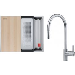Conjunto fregadero de acero Franke Box 127.0749.858, grifo de cocina Franke Eos 115.0590.045