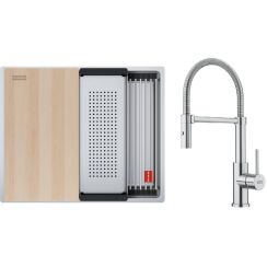 Conjunto fregadero de acero Franke Box 127.0749.858, grifo de cocina Franke Smart Glenda 115.0747.475