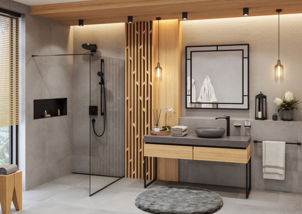 Ba&ntilde;o gris con accesorios de madera