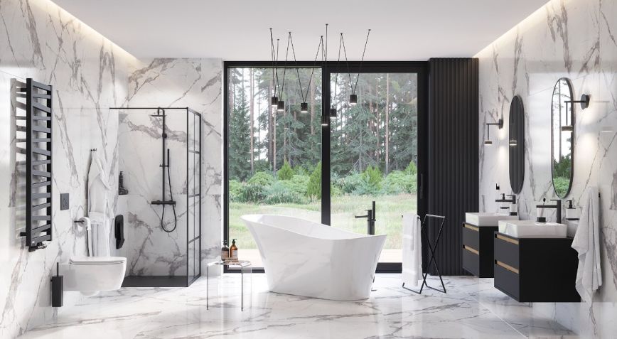 čern&eacute; koupelnov&eacute; baterie v modern&iacute; koupelně